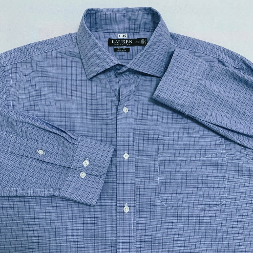 Lauren Ralph Lauren Dress Shirt Men's 17.5 32/33 Blue Slim Non-Iron Button Up